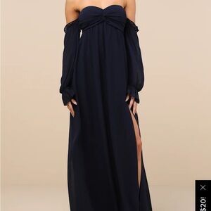 Lulu's Glorious Invite Navy Blue Knotted Off-the-Shoulder Maxi Dress
